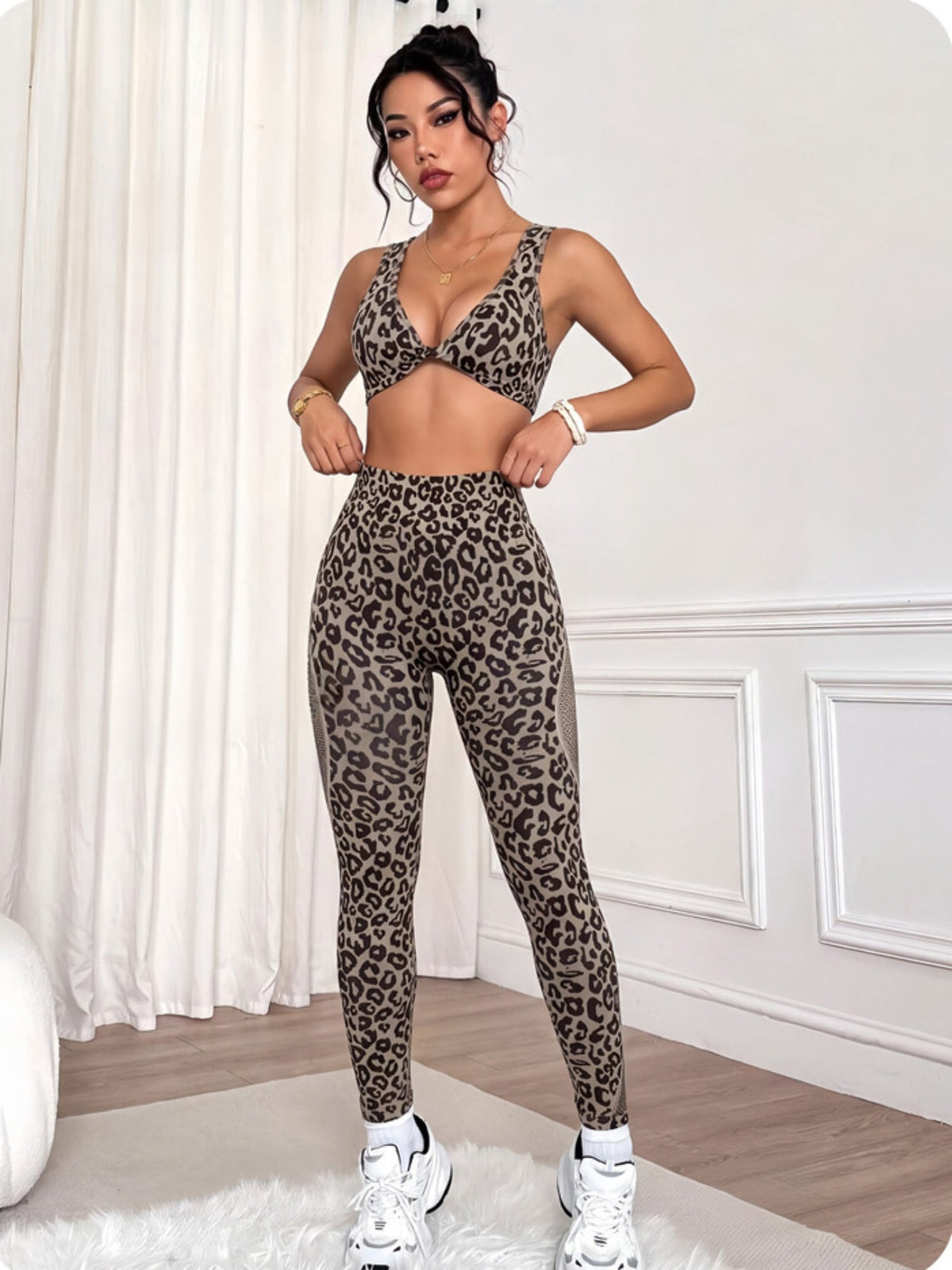 Leopard Print Criss Cross Back 2 Piece Yoga Set