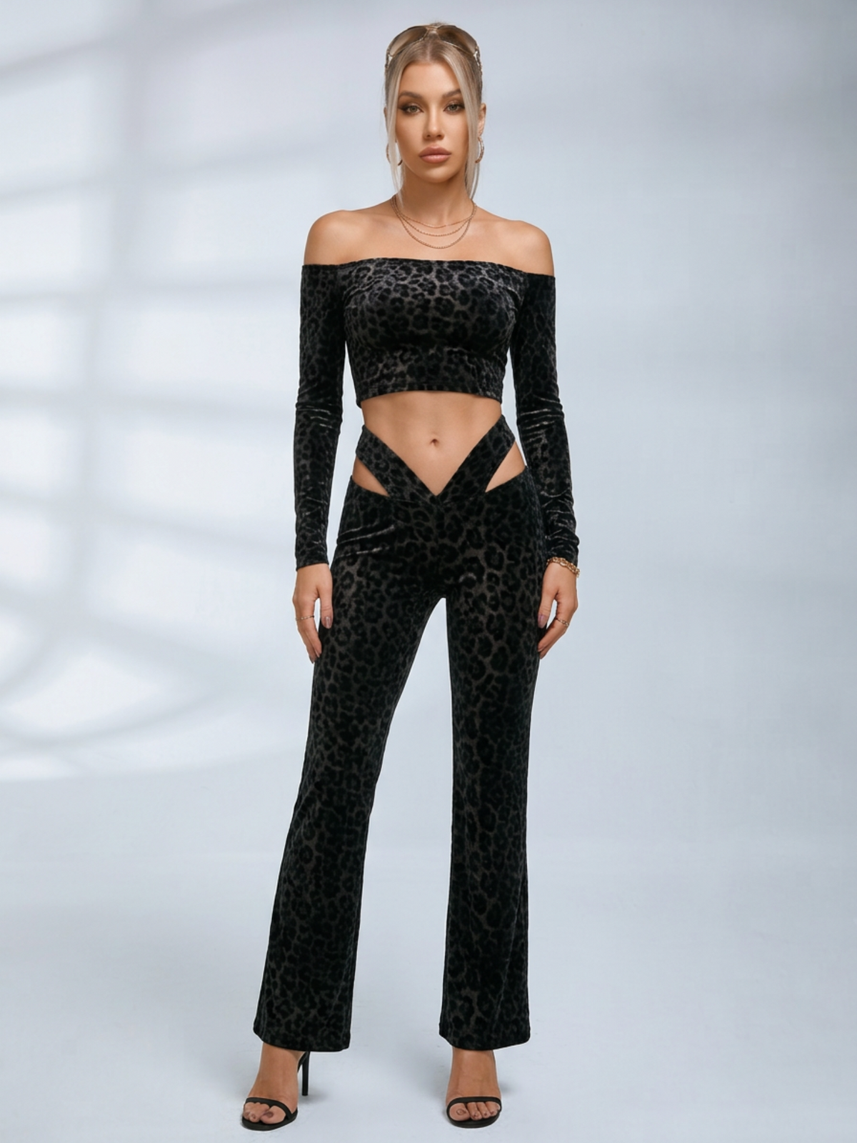 Off Shoulder Leopard Velvet 2 Piece Set