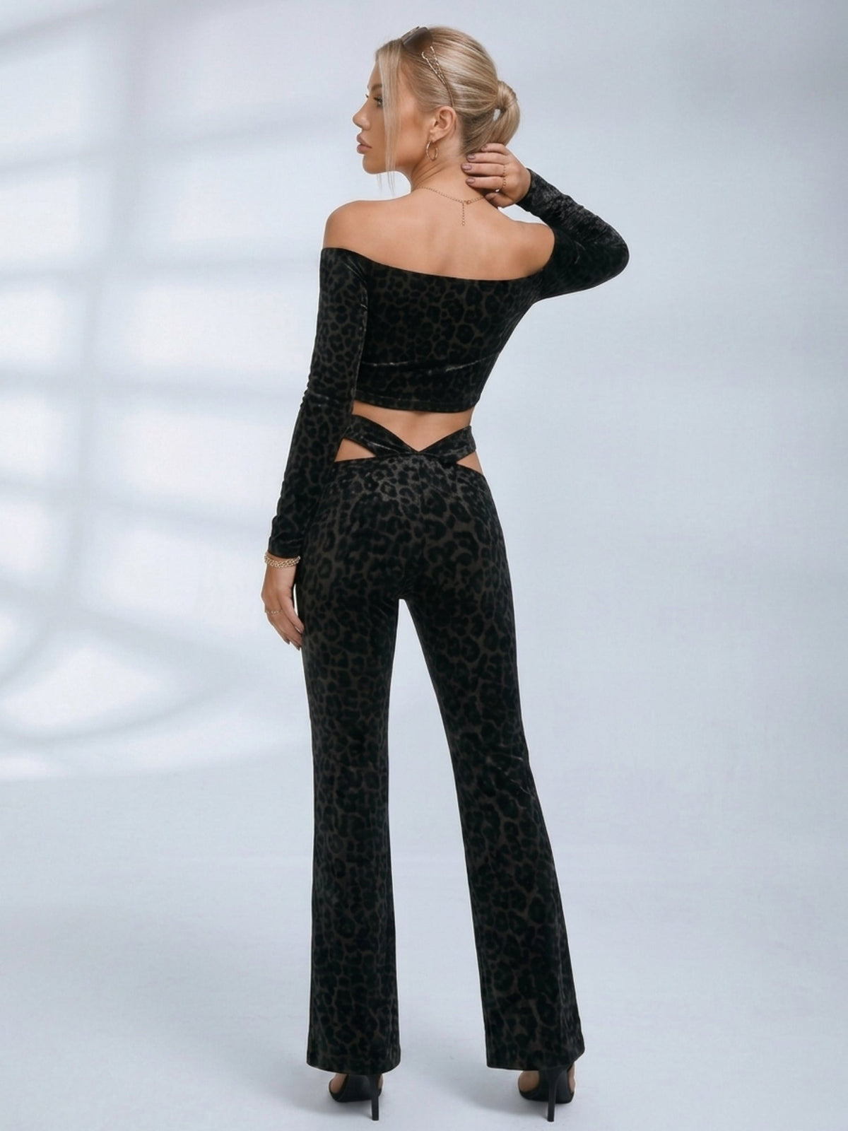 Off Shoulder Leopard Velvet 2 Piece Set