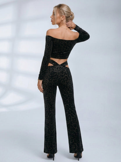 Off Shoulder Leopard Velvet 2 Piece Set