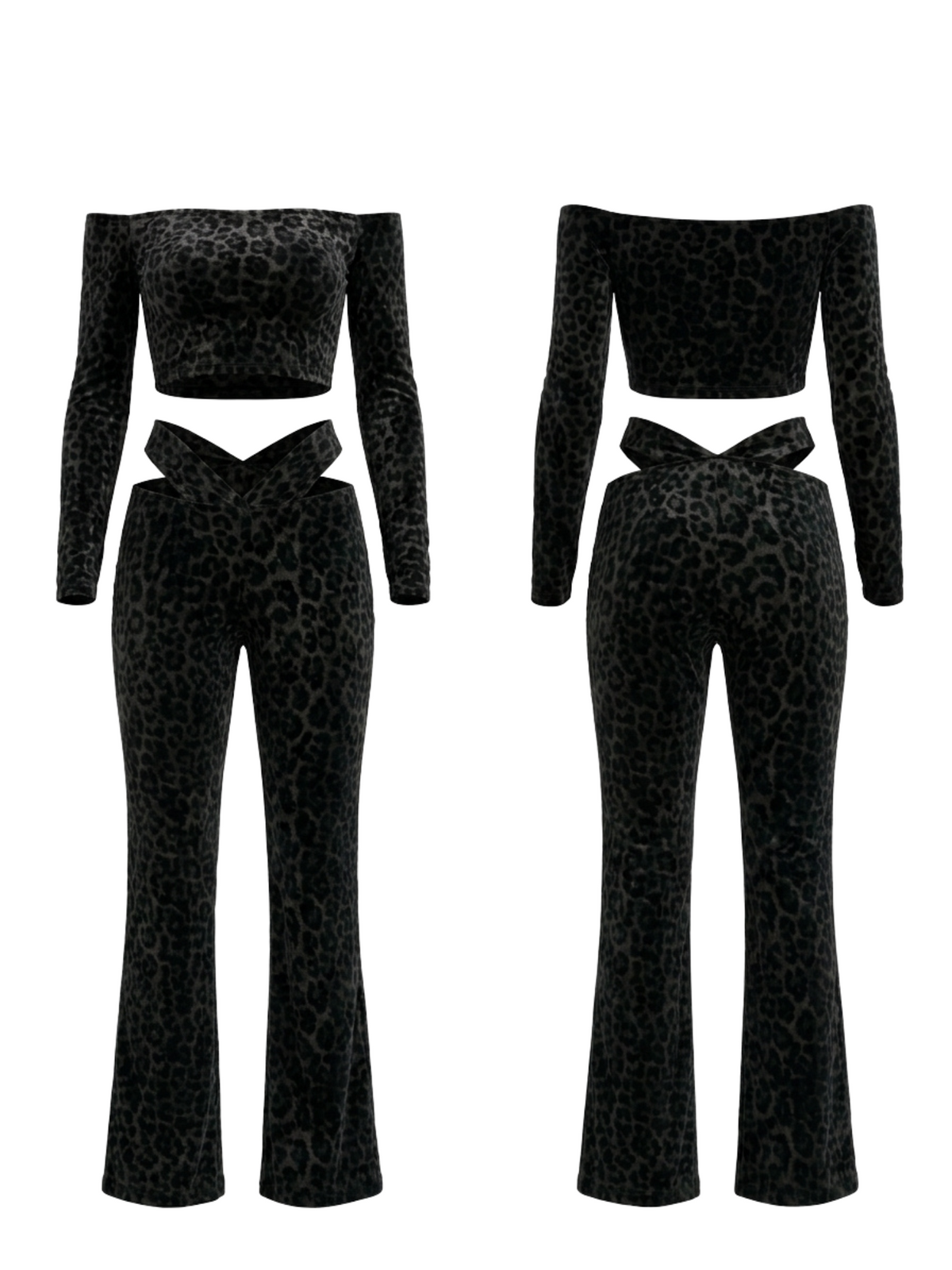 Off Shoulder Leopard Velvet 2 Piece Set