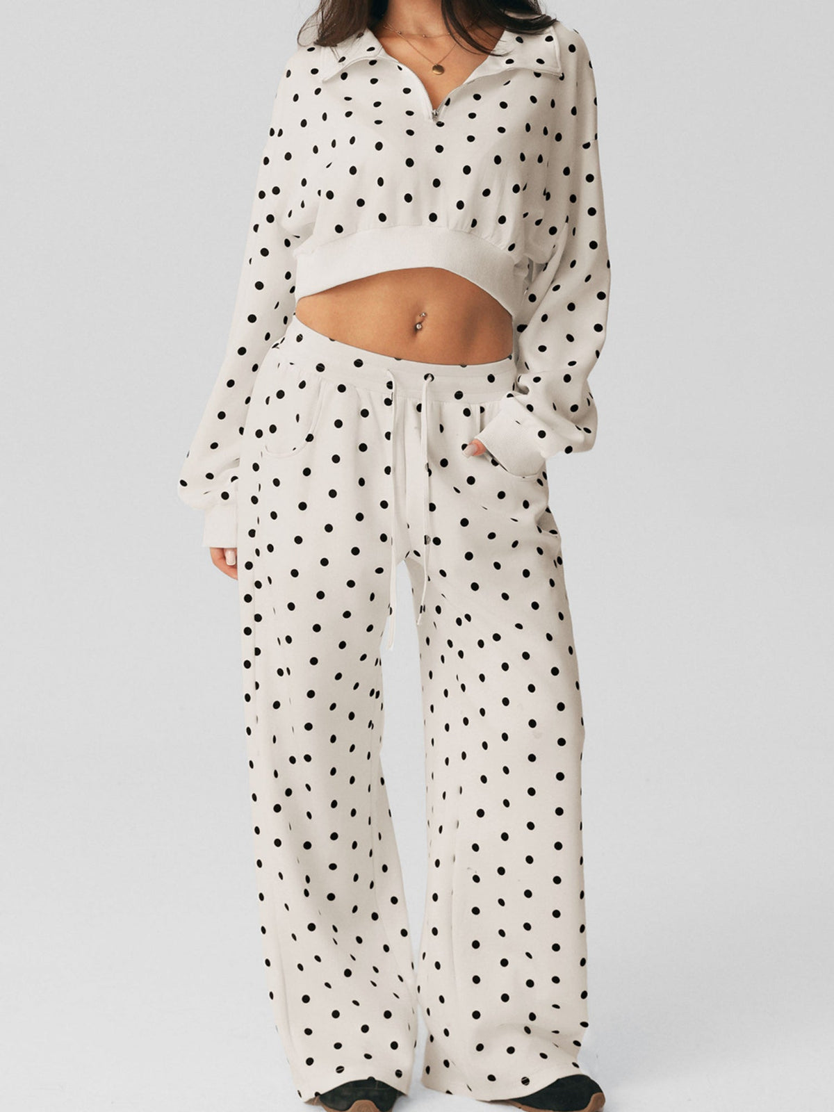 Polka Dot Cropped Sweatshirt Wide Leg Pants 2 Piece Set