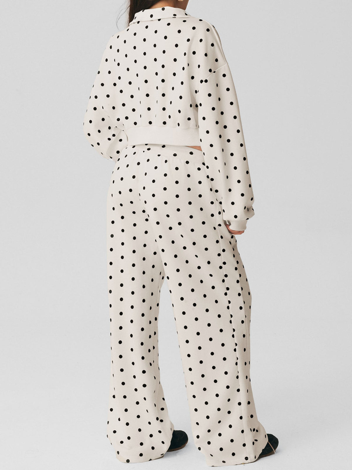 Polka Dot Cropped Sweatshirt Wide Leg Pants 2 Piece Set