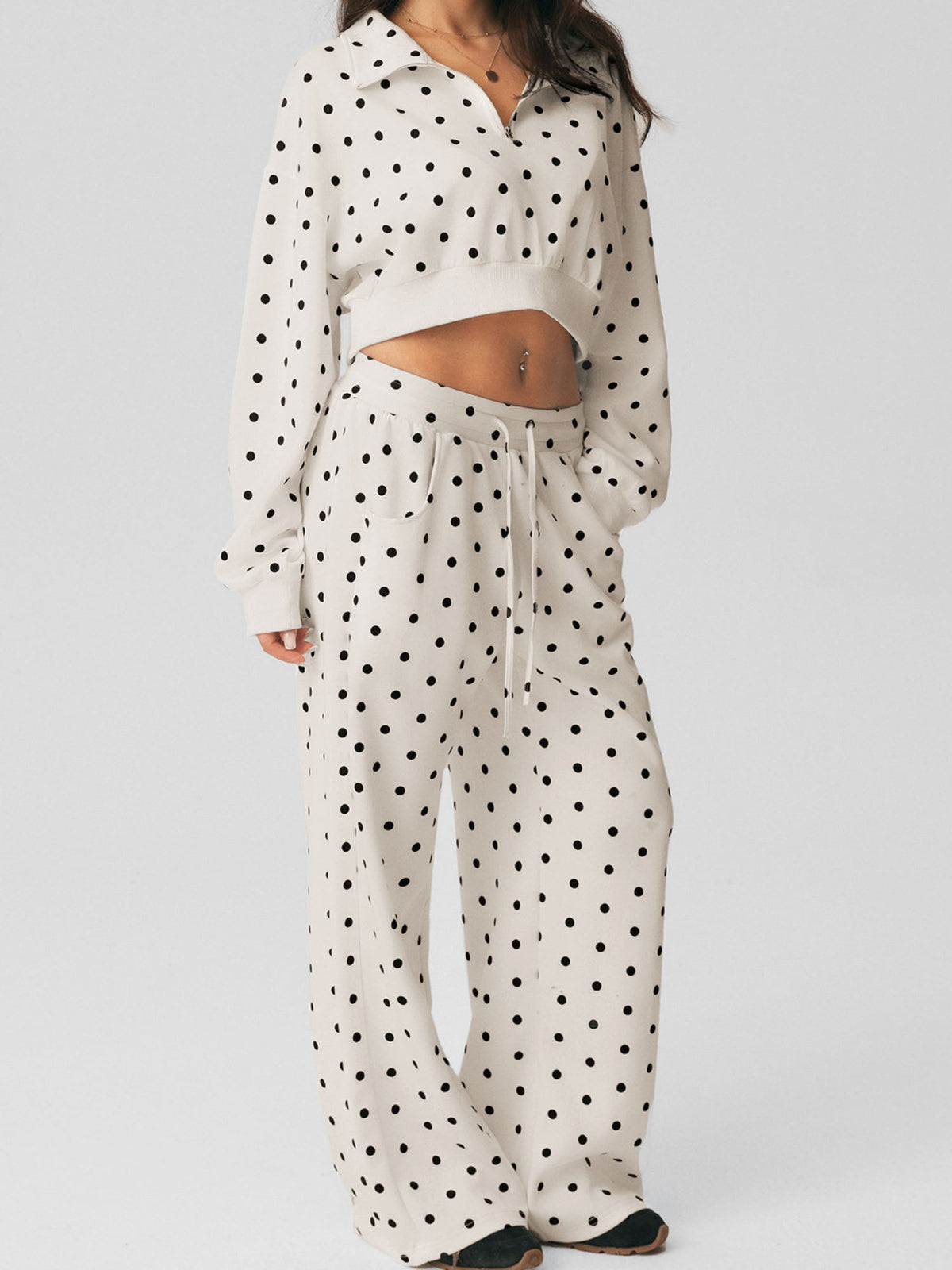 Polka Dot Cropped Sweatshirt Wide Leg Pants 2 Piece Set