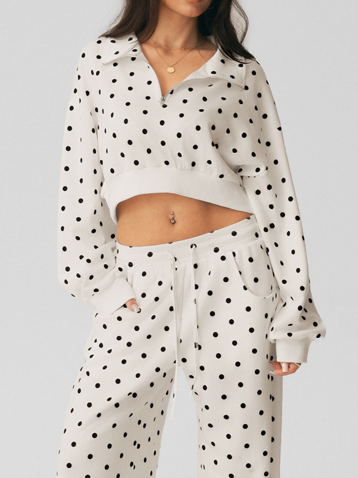 Polka Dot Cropped Sweatshirt Wide Leg Pants 2 Piece Set