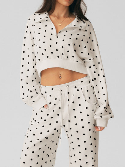 Polka Dot Cropped Sweatshirt Wide Leg Pants 2 Piece Set