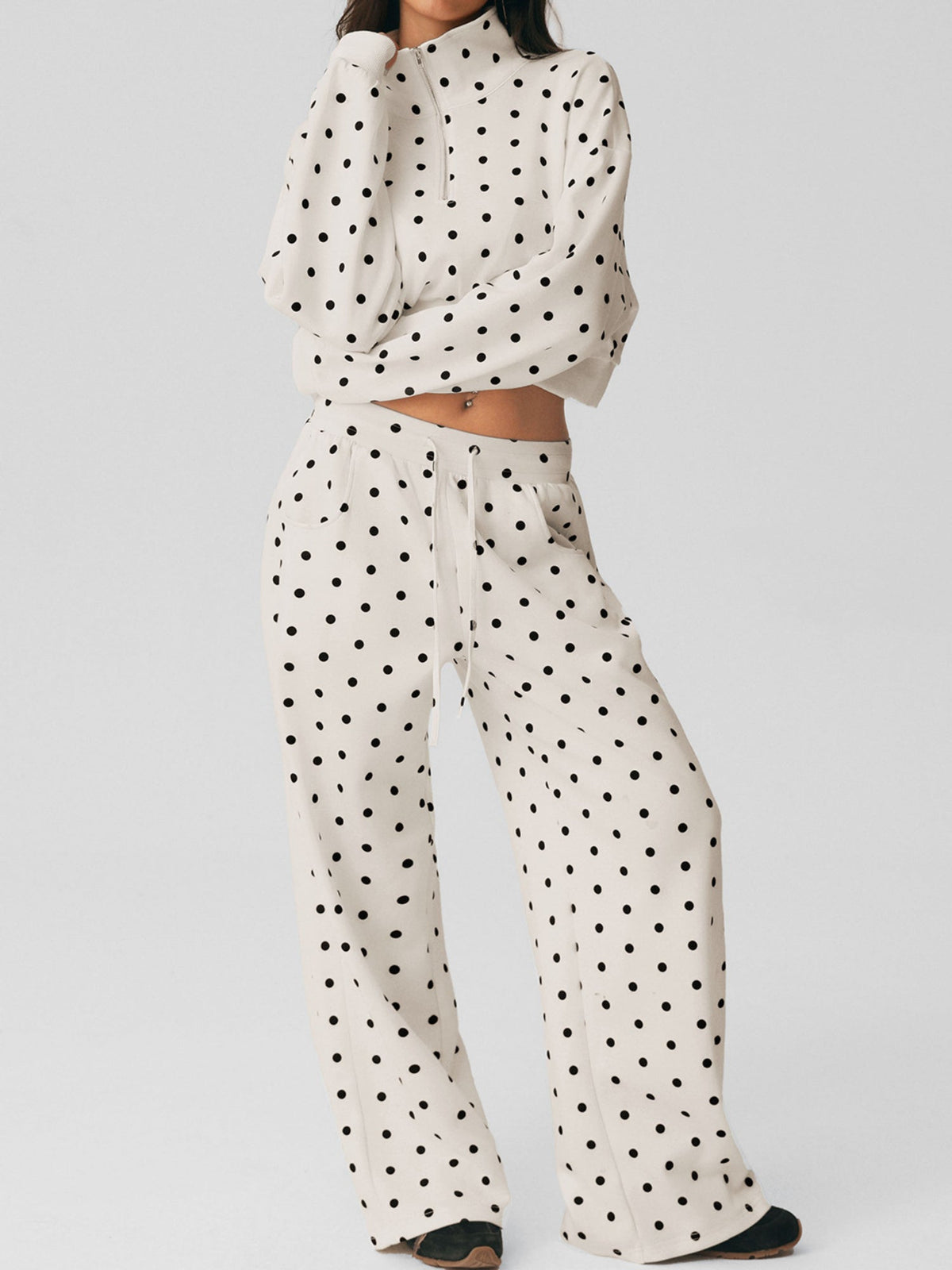 Polka Dot Cropped Sweatshirt Wide Leg Pants 2 Piece Set