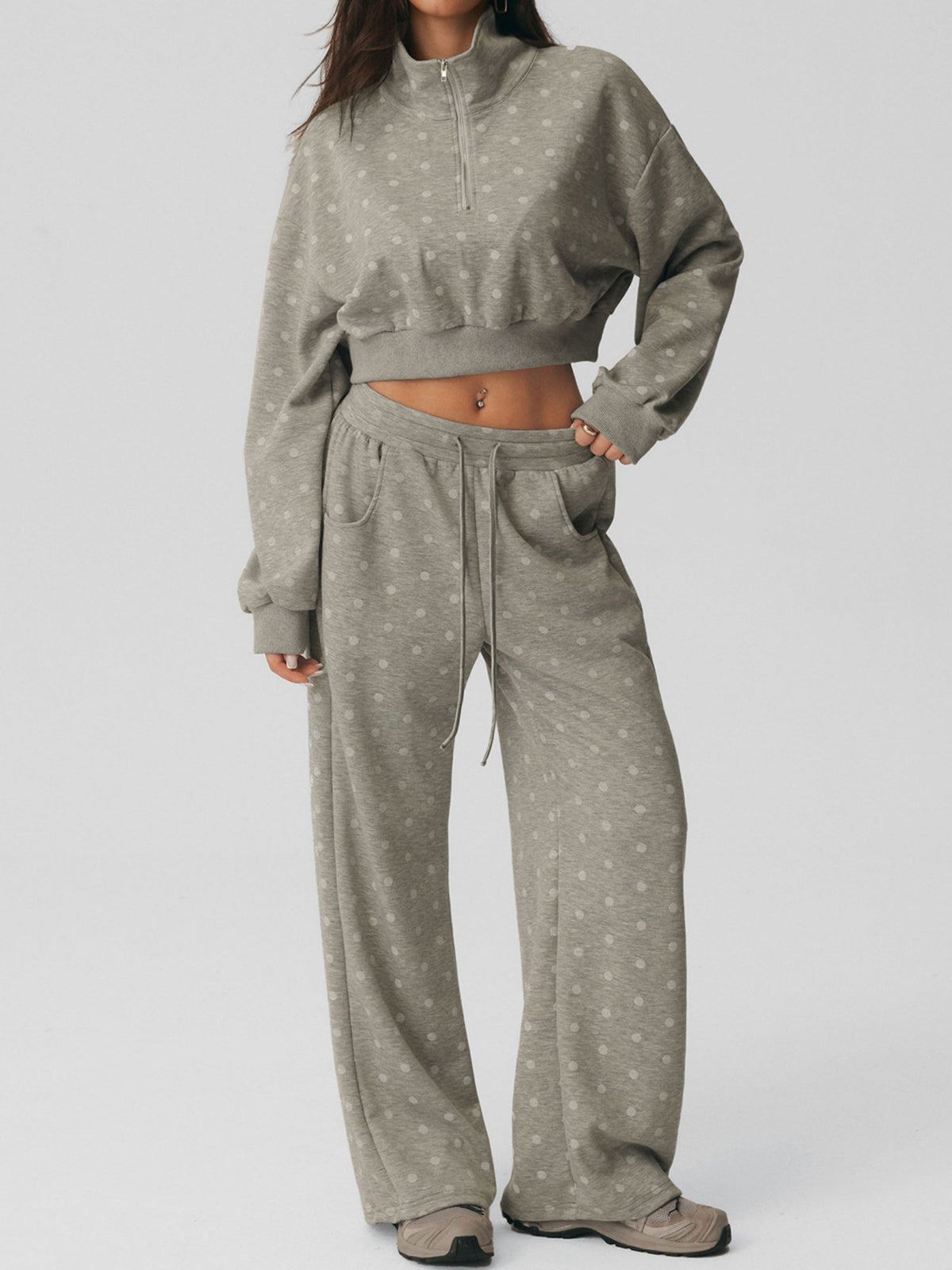 Polka Dot Cropped Sweatshirt Wide Leg Pants 2 Piece Set
