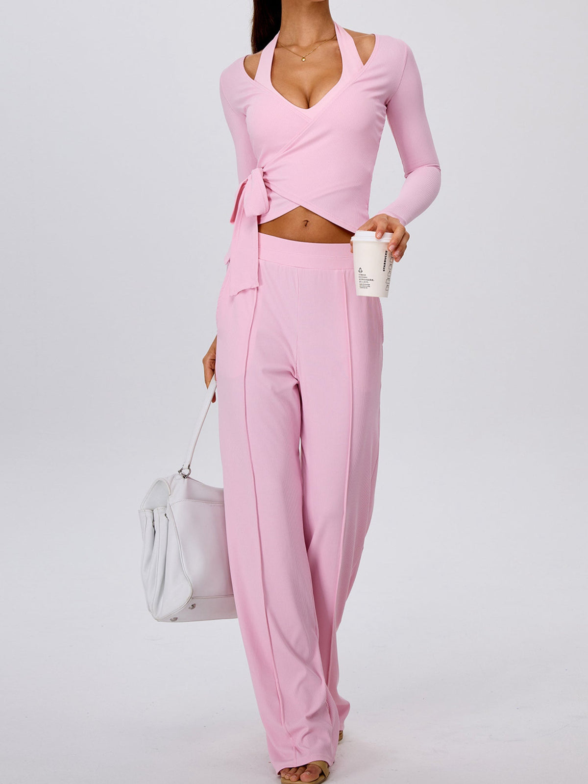 Pink Halter Wrap Top Wide Leg Pants 3 Piece Outfit Set