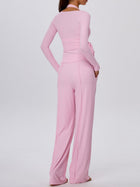 Pink Halter Wrap Top Wide Leg Pants 3 Piece Outfit Set