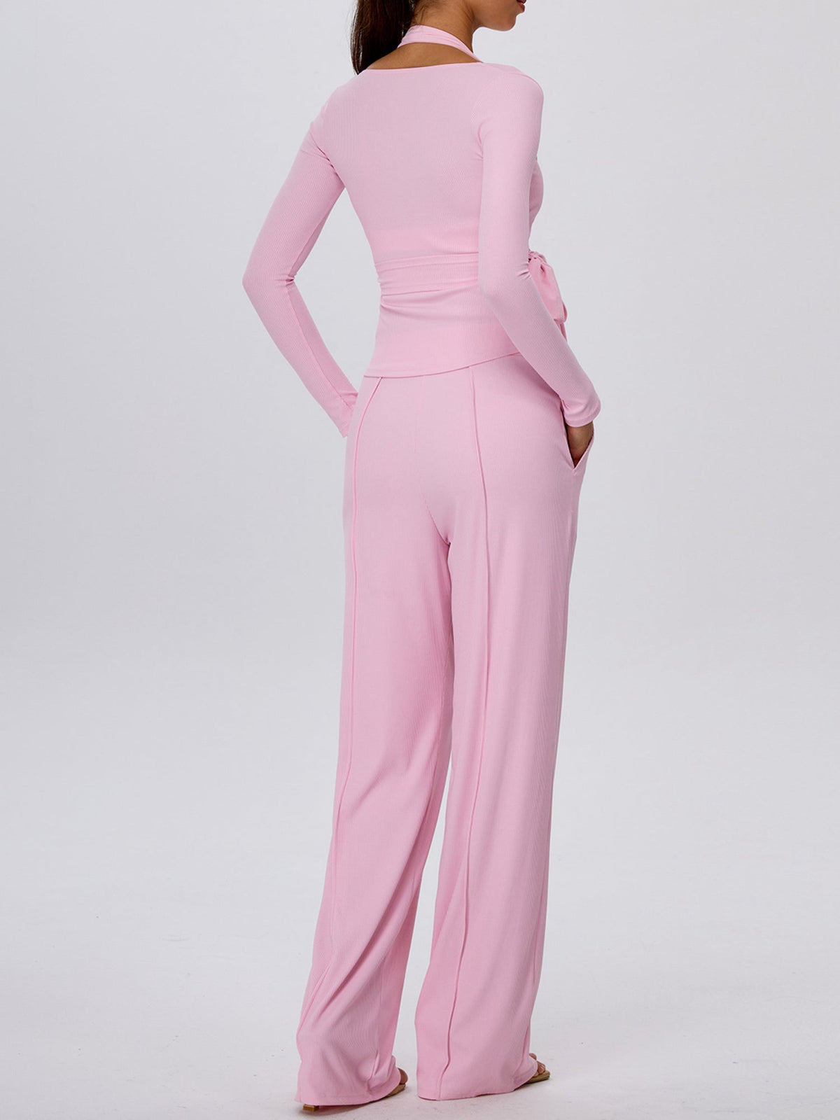 Pink Halter Wrap Top Wide Leg Pants 3 Piece Outfit Set