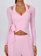 Pink Halter Wrap Top Wide Leg Pants 3 Piece Outfit Set