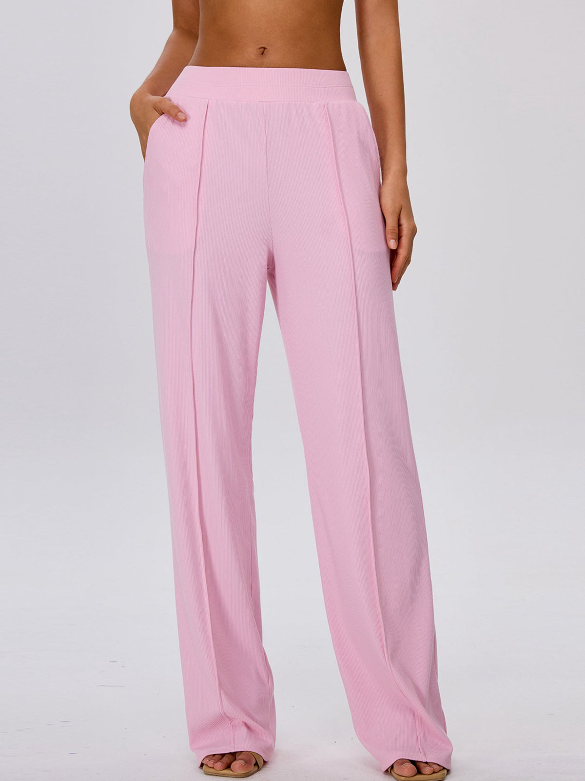 Pink Halter Wrap Top Wide Leg Pants 3 Piece Outfit Set