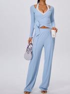 Pink Halter Wrap Top Wide Leg Pants 3 Piece Outfit Set