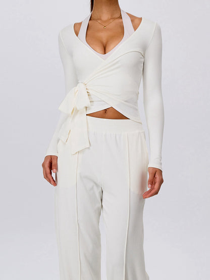 Pink Halter Wrap Top Wide Leg Pants 3 Piece Outfit Set