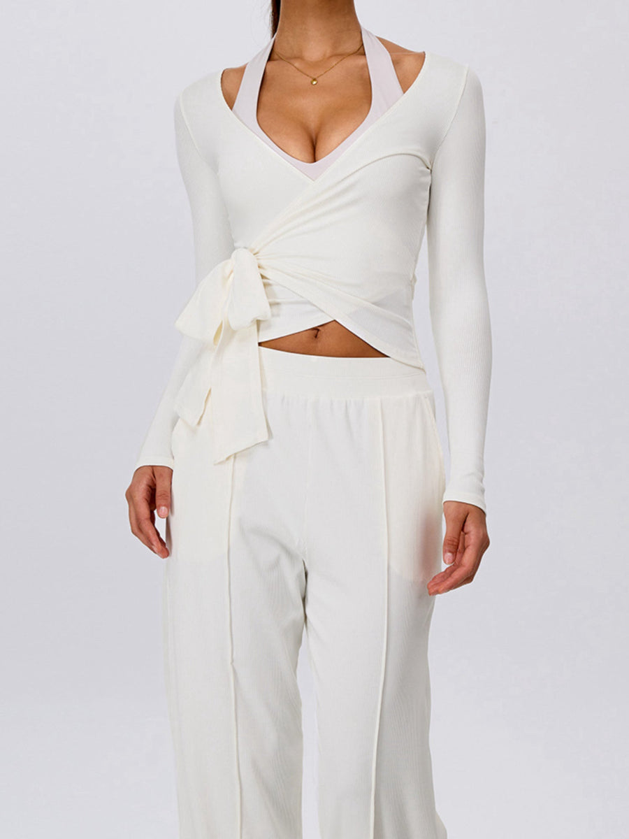 Pink Halter Wrap Top Wide Leg Pants 3 Piece Outfit Set