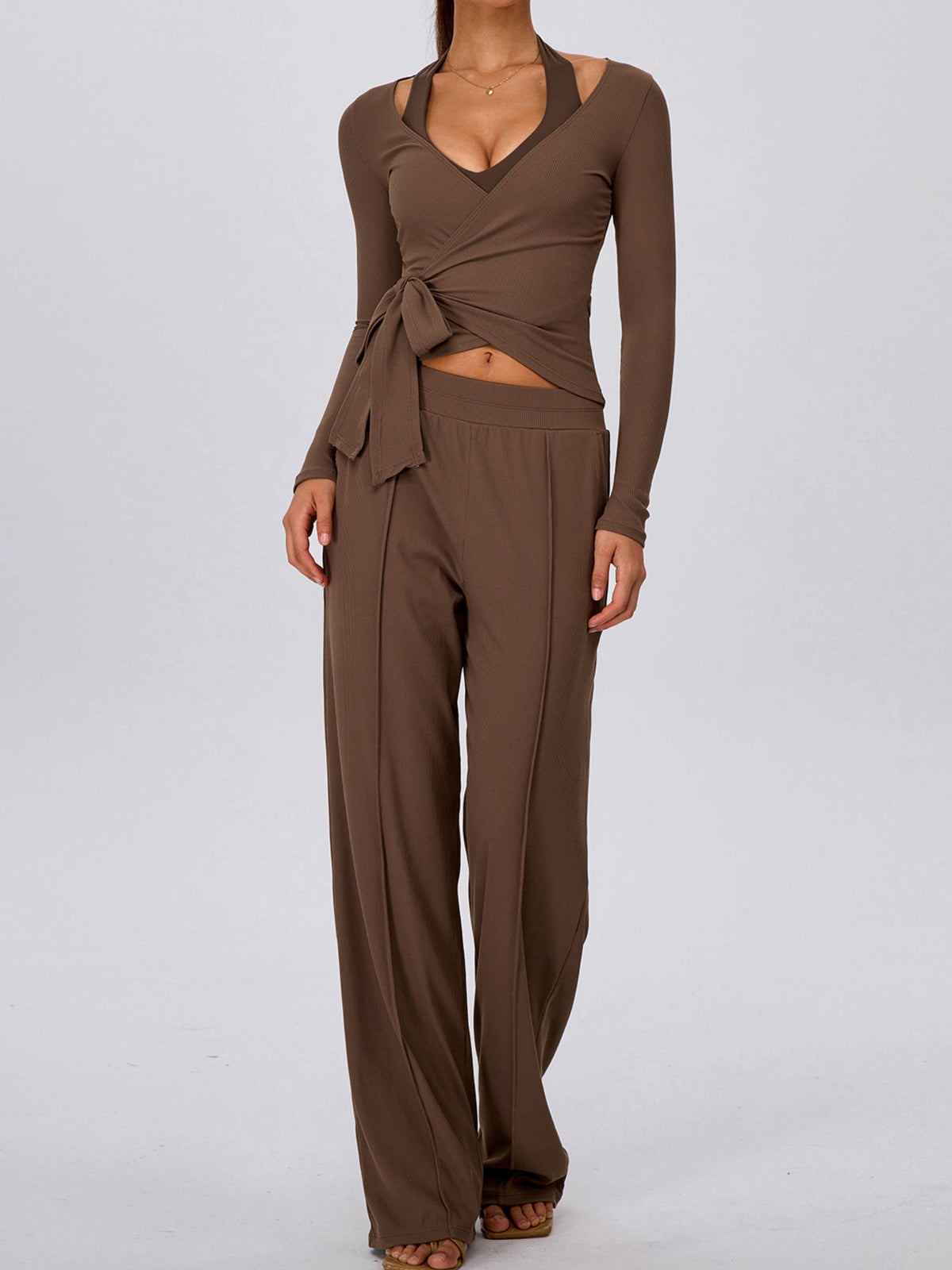 Pink Halter Wrap Top Wide Leg Pants 3 Piece Outfit Set