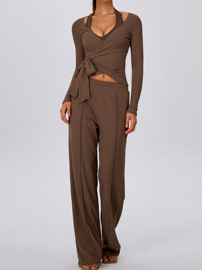 Pink Halter Wrap Top Wide Leg Pants 3 Piece Outfit Set