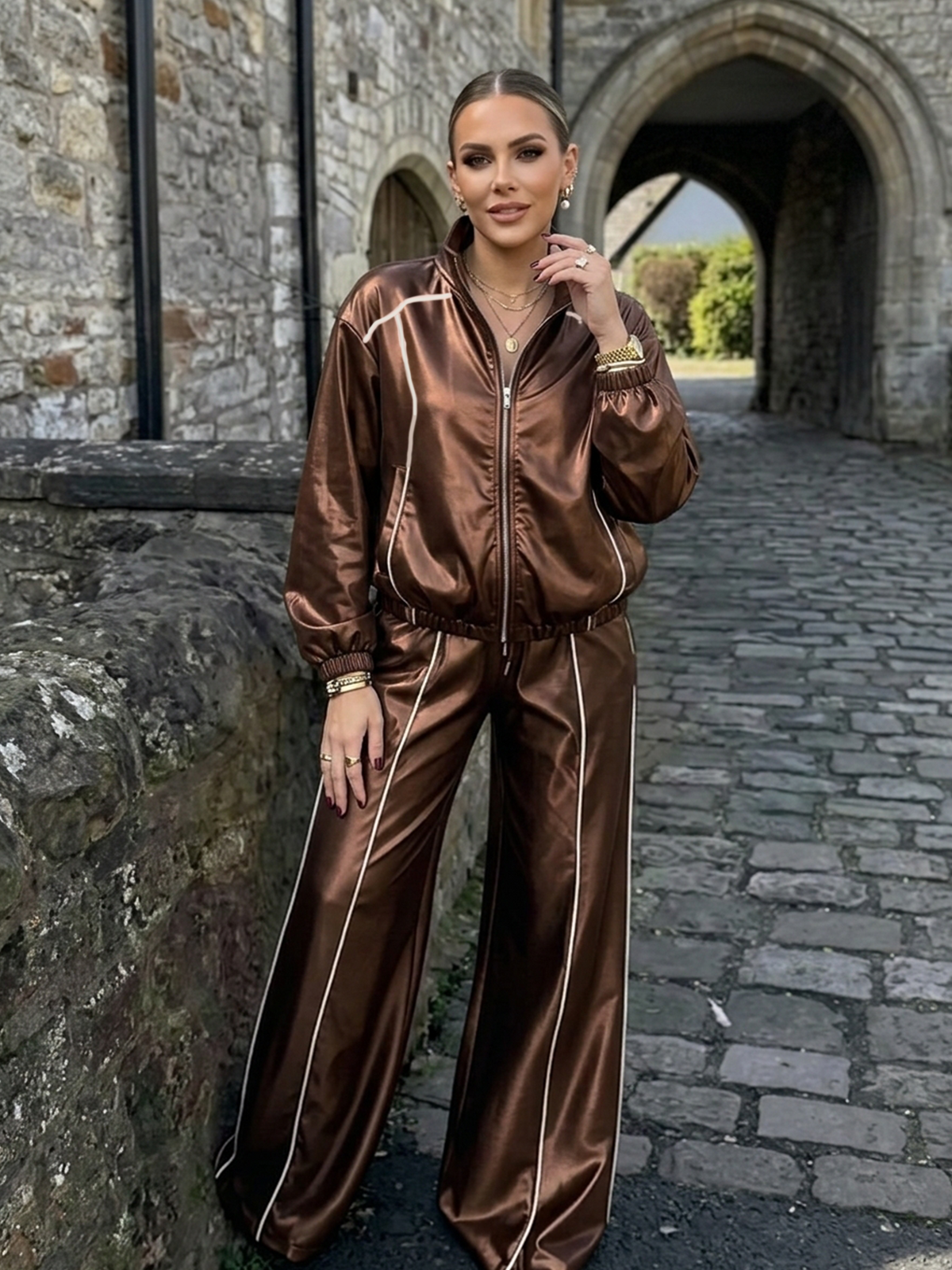 Satin Track Suit Side Stripe 2 Piece Outfit
