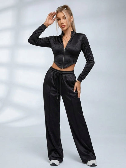 Satin Corset Zip Crop Top Wide Leg Pants 2 Piece Set