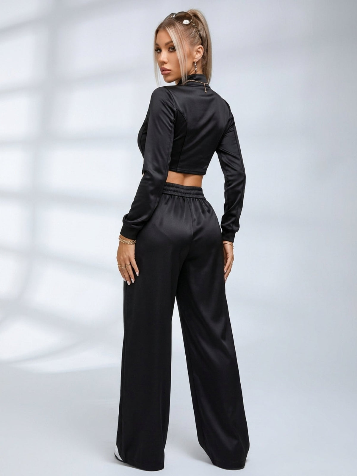 Satin Corset Zip Crop Top Wide Leg Pants 2 Piece Set