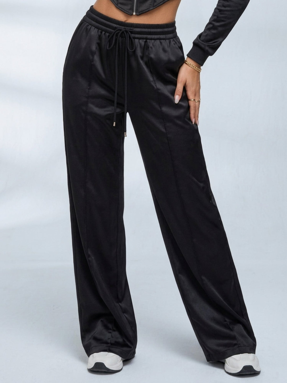 Satin Corset Zip Crop Top Wide Leg Pants 2 Piece Set