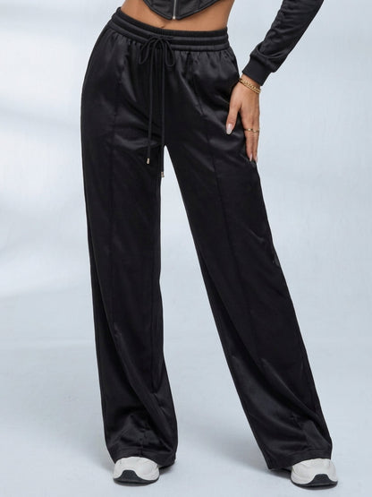 Satin Corset Zip Crop Top Wide Leg Pants 2 Piece Set