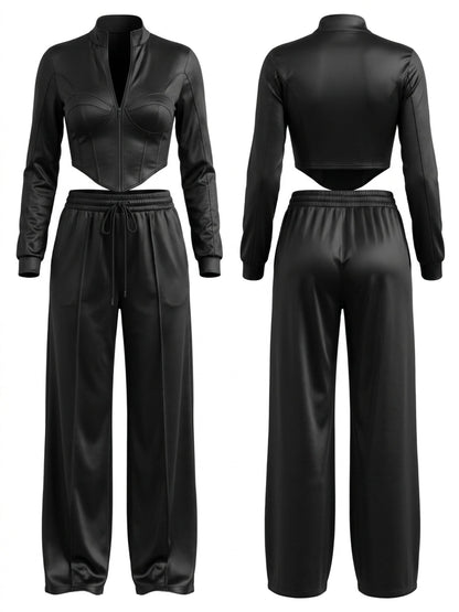 Satin Corset Zip Crop Top Wide Leg Pants 2 Piece Set