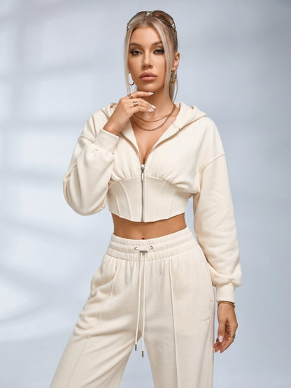Cropped Zip Hoodie Wide Leg Pants 2 Piece Set