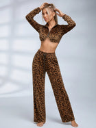 Leopard Print Velour Crop Top Wide Leg Pants 2 Piece Set