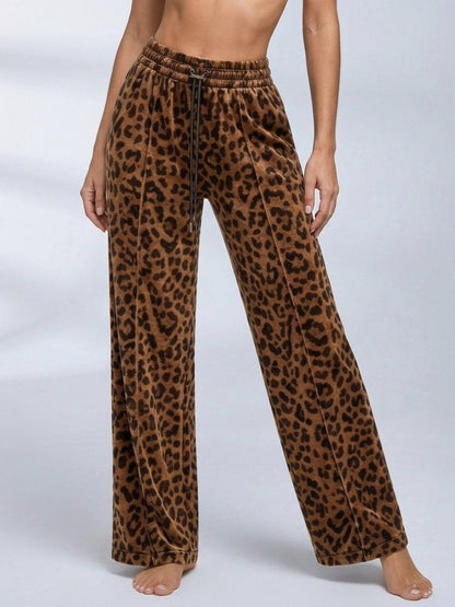 Leopard Print Velour Crop Top Wide Leg Pants 2 Piece Set