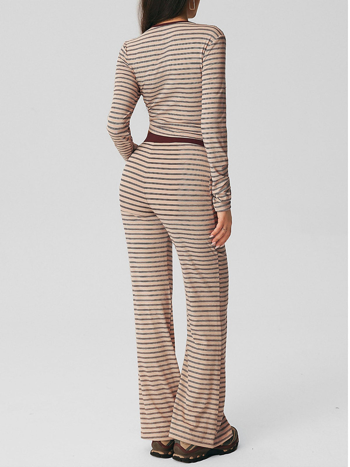 Striped Ribbed Knit Cropped Top and Flared Trousers Set