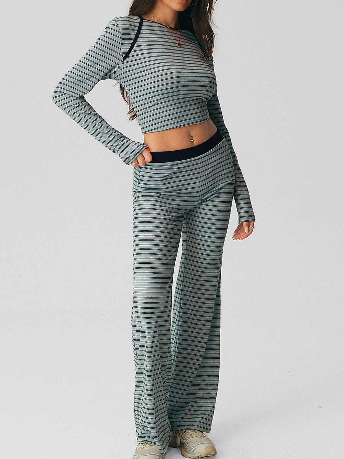 Striped Ribbed Knit Cropped Top and Flared Trousers Set