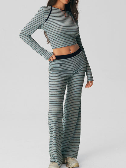 Striped Ribbed Knit Cropped Top and Flared Trousers Set