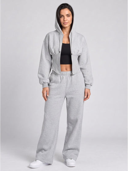 Women's Oversized Hooded Sweatshirt, Corset, and Wide-Leg Sweatpants Three-Piece Set