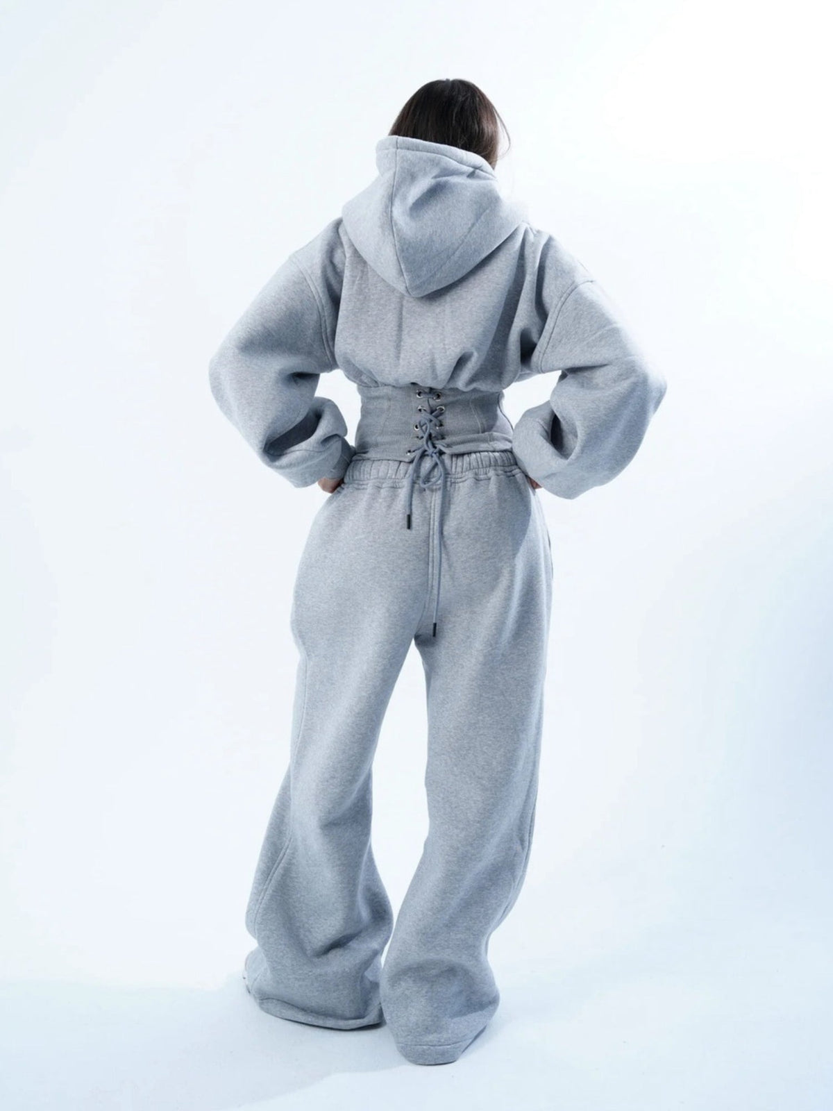 Women's Oversized Hooded Sweatshirt, Corset, and Wide-Leg Sweatpants Three-Piece Set