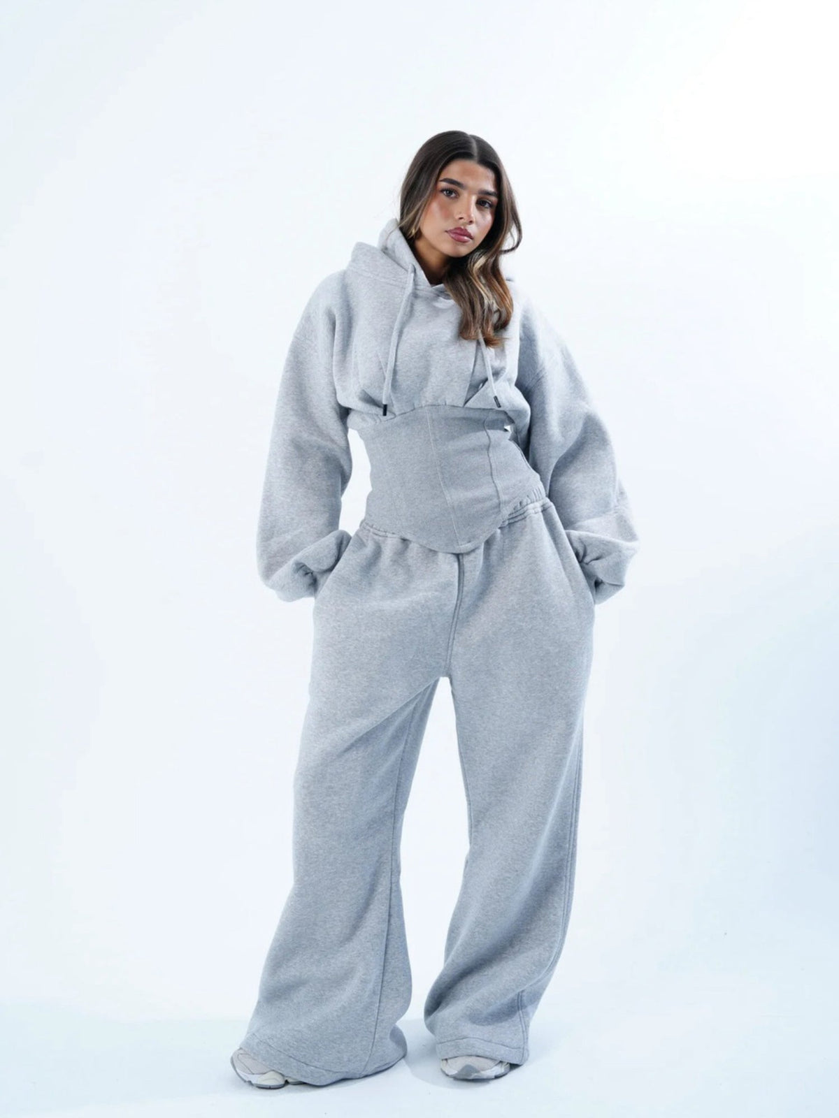 Women's Oversized Hooded Sweatshirt, Corset, and Wide-Leg Sweatpants Three-Piece Set