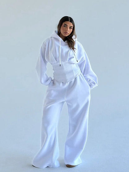 Women's Oversized Hooded Sweatshirt, Corset, and Wide-Leg Sweatpants Three-Piece Set