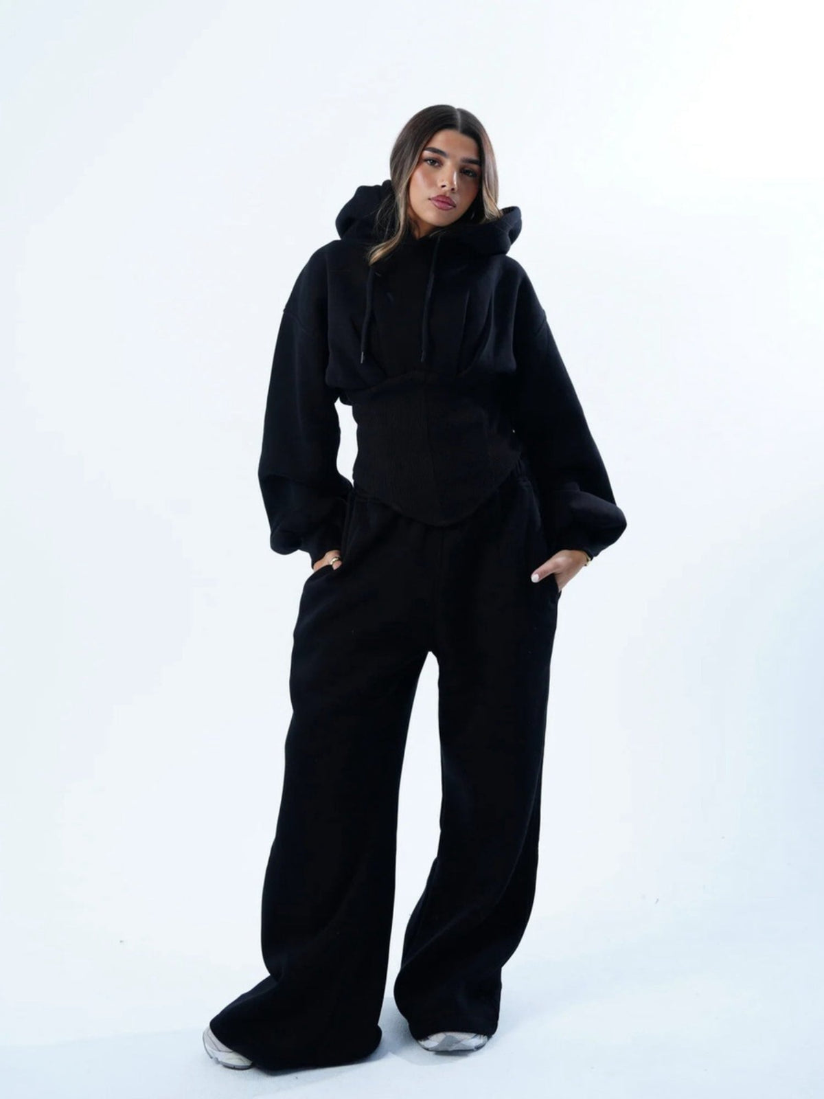 Women's Oversized Hooded Sweatshirt, Corset, and Wide-Leg Sweatpants Three-Piece Set
