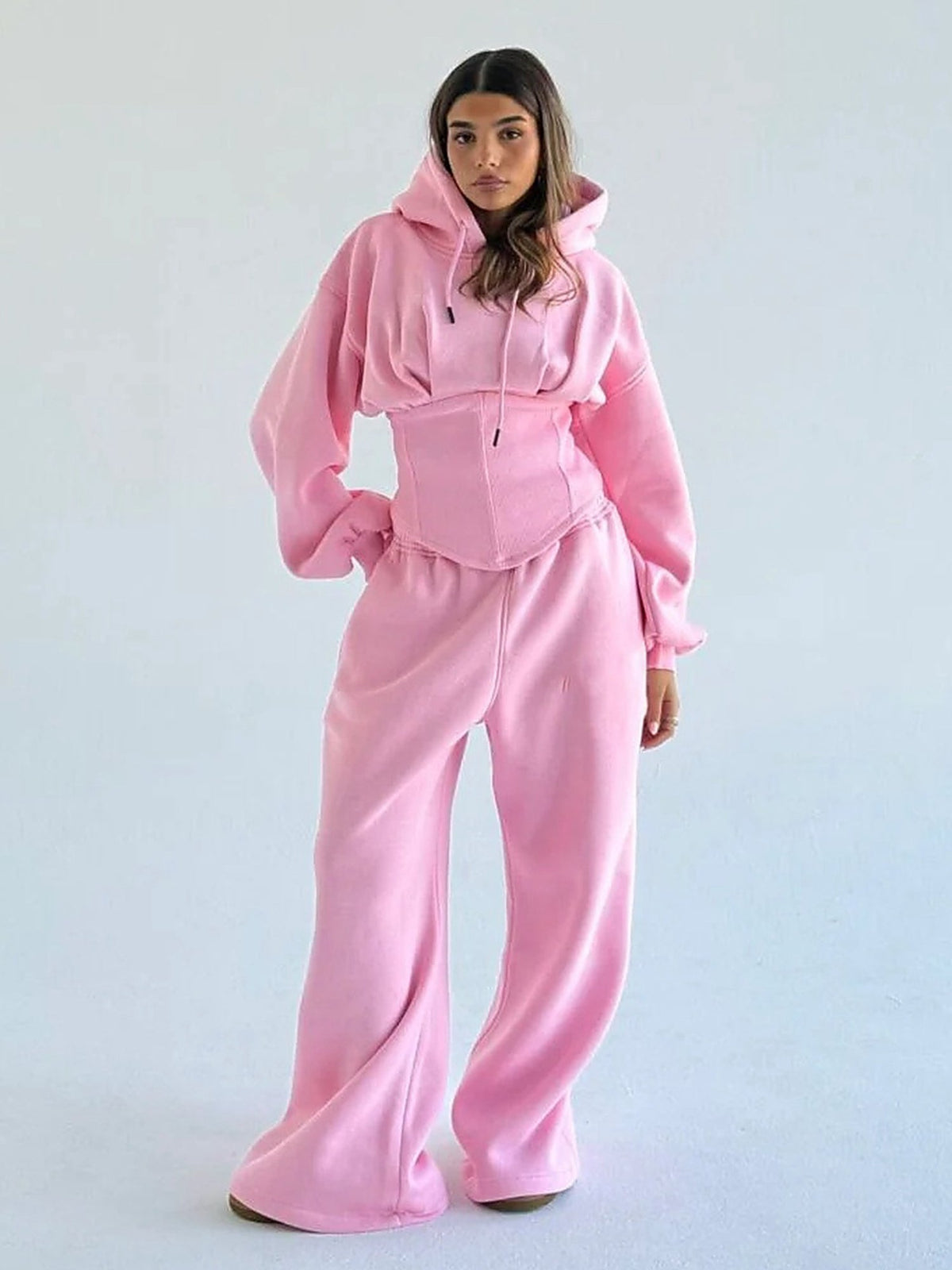 Women's Oversized Hooded Sweatshirt, Corset, and Wide-Leg Sweatpants Three-Piece Set