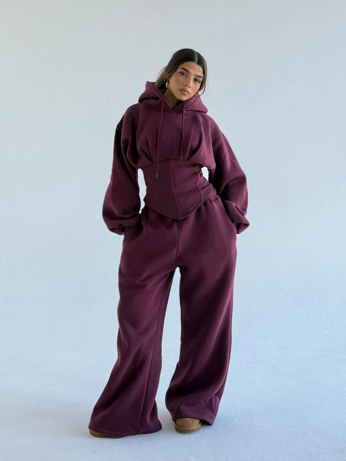 Women's Oversized Hooded Sweatshirt, Corset, and Wide-Leg Sweatpants Three-Piece Set