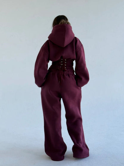 Women's Oversized Hooded Sweatshirt, Corset, and Wide-Leg Sweatpants Three-Piece Set