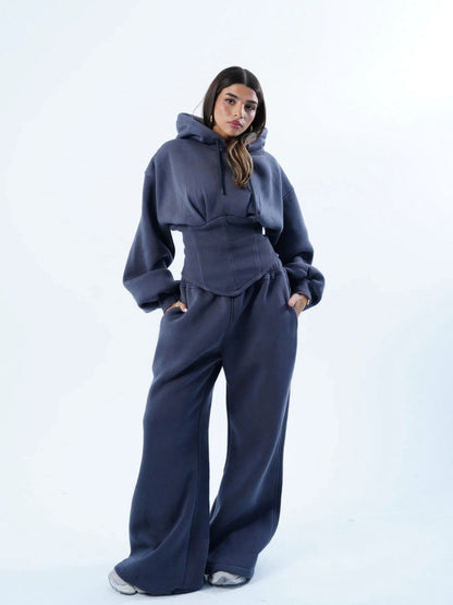 Women's Oversized Hooded Sweatshirt, Corset, and Wide-Leg Sweatpants Three-Piece Set