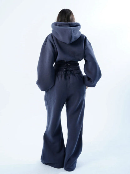 Women's Oversized Hooded Sweatshirt, Corset, and Wide-Leg Sweatpants Three-Piece Set