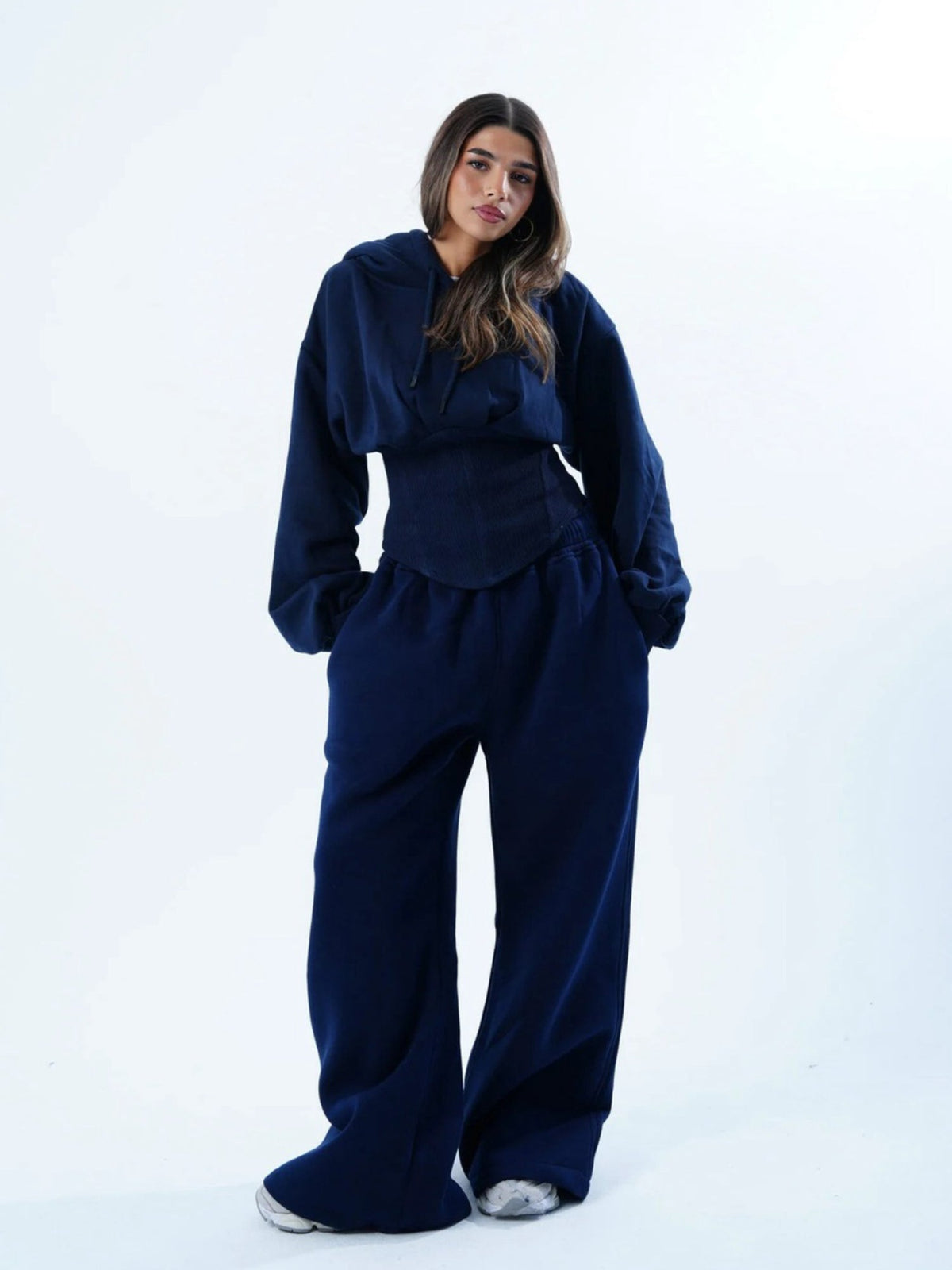 Women's Oversized Hooded Sweatshirt, Corset, and Wide-Leg Sweatpants Three-Piece Set