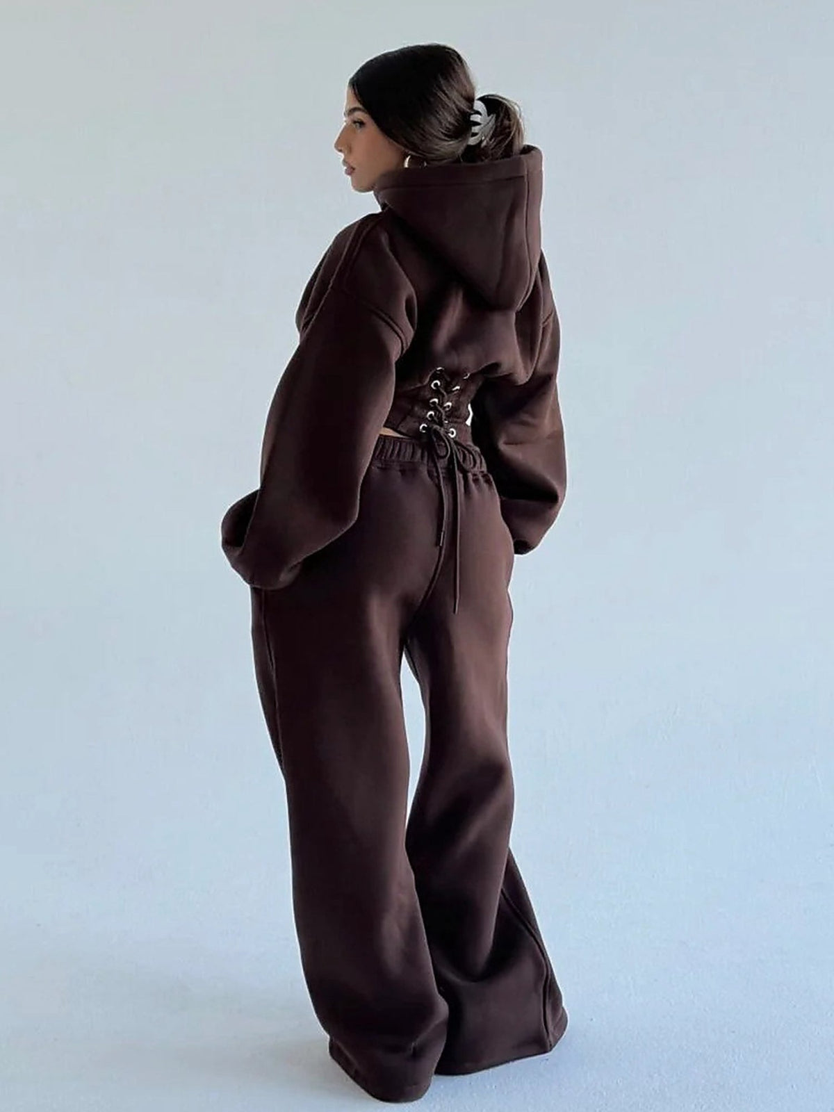 Women's Oversized Hooded Sweatshirt, Corset, and Wide-Leg Sweatpants Three-Piece Set