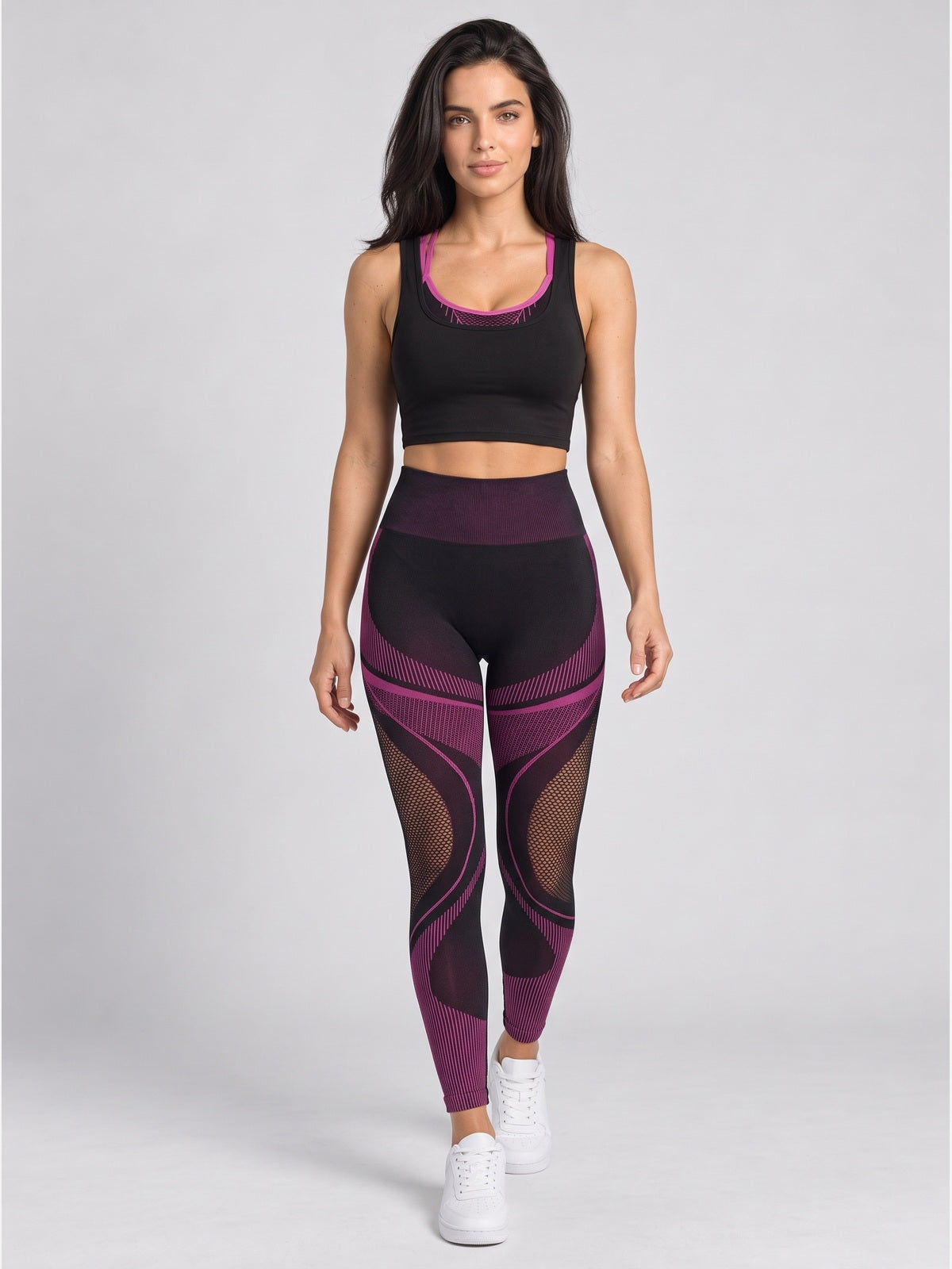 Women's Seamless Ribbed Sports Bra & Mesh Panel Leggings Set