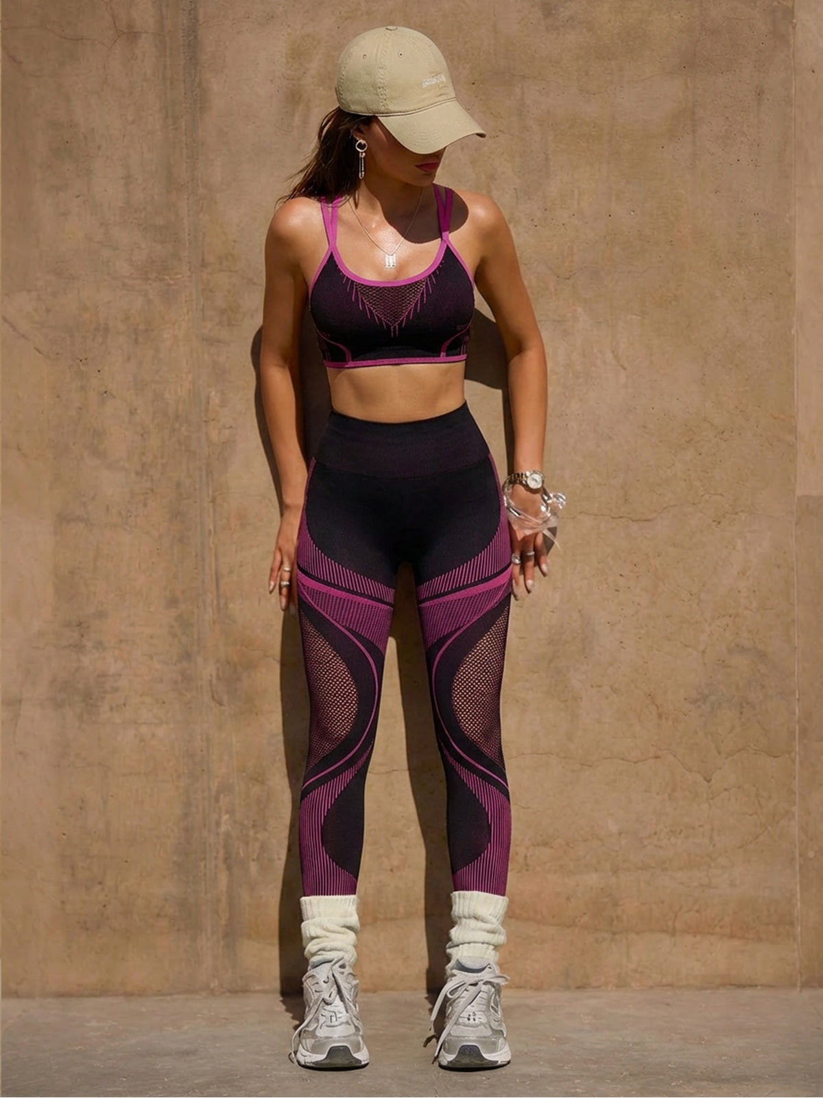 Women's Seamless Ribbed Sports Bra & Mesh Panel Leggings Set