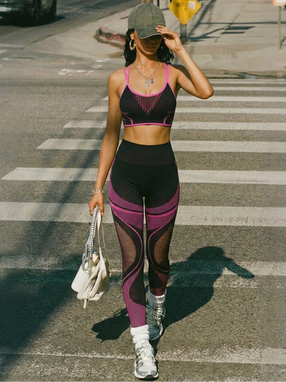 Women's Seamless Ribbed Sports Bra & Mesh Panel Leggings Set