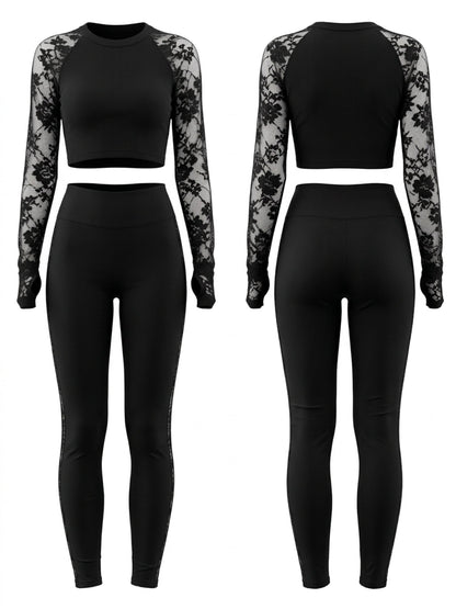 Lace Raglan Sleeve Crop Top Leggings 2 Piece Set